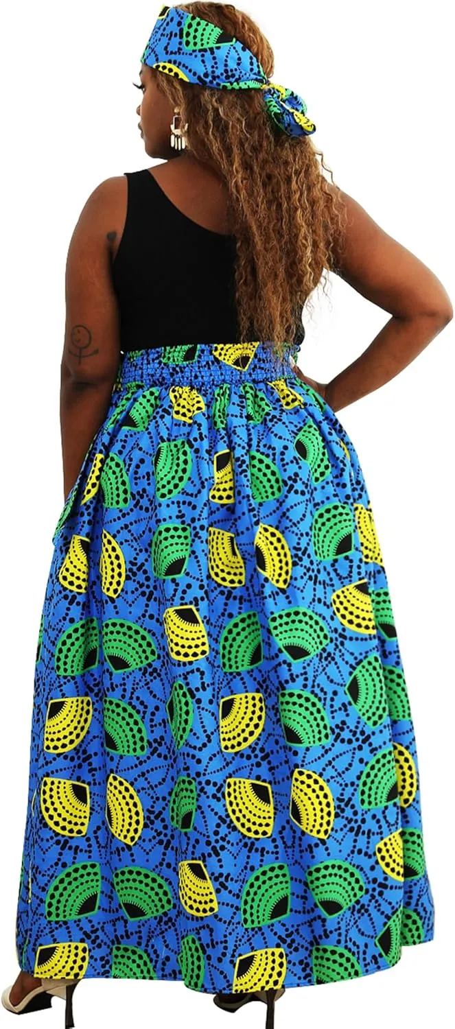 SHENBOLEN Women African Print Skirt Kente Traditional Wax Print Adjustable Strap Maxi Skirt