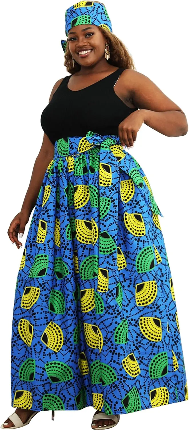 SHENBOLEN Women African Print Skirt Kente Traditional Wax Print Adjustable Strap Maxi Skirt