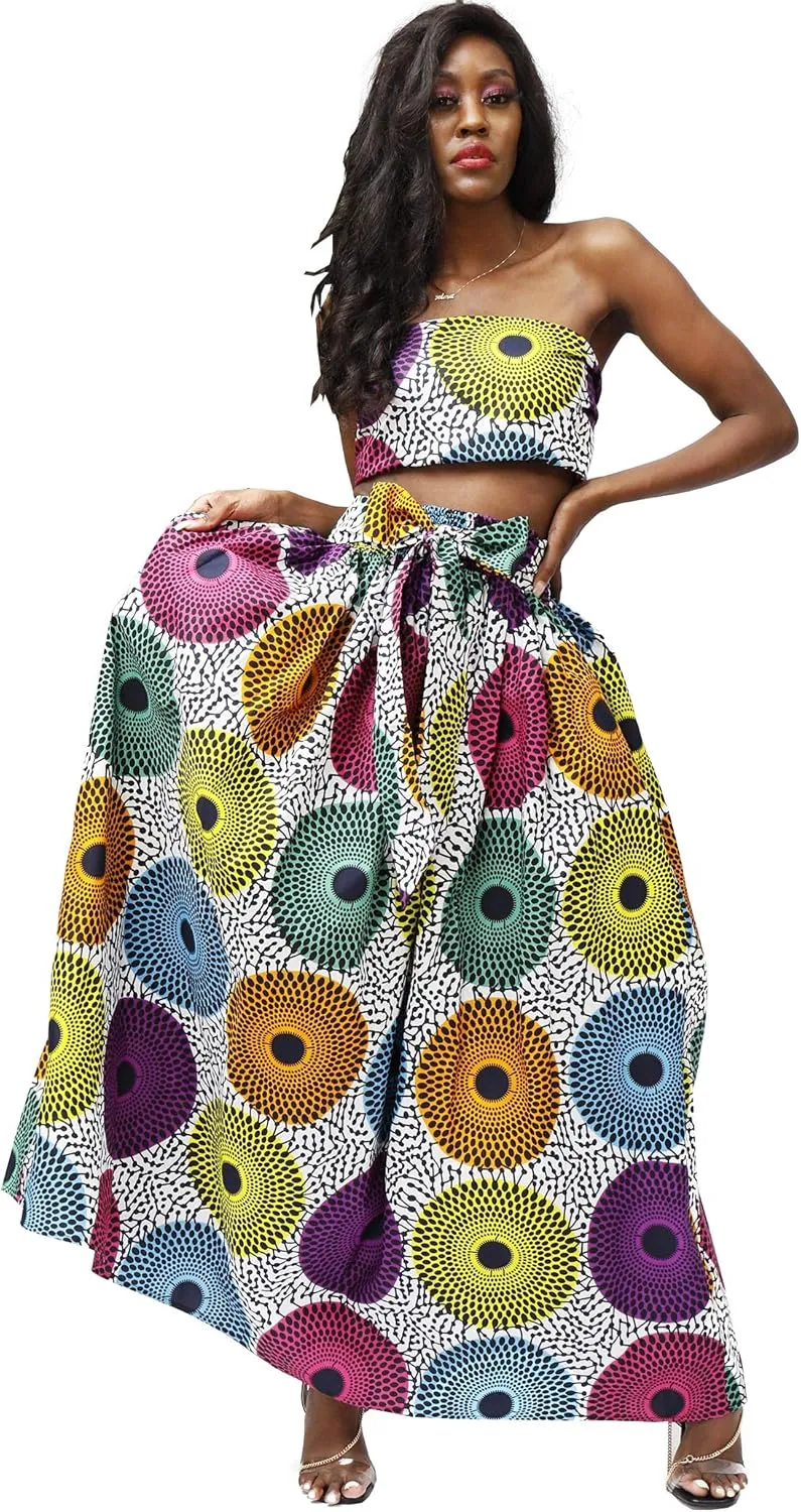 SHENBOLEN Women African Print Skirt Kente Traditional Wax Print Adjustable Strap Maxi Skirt