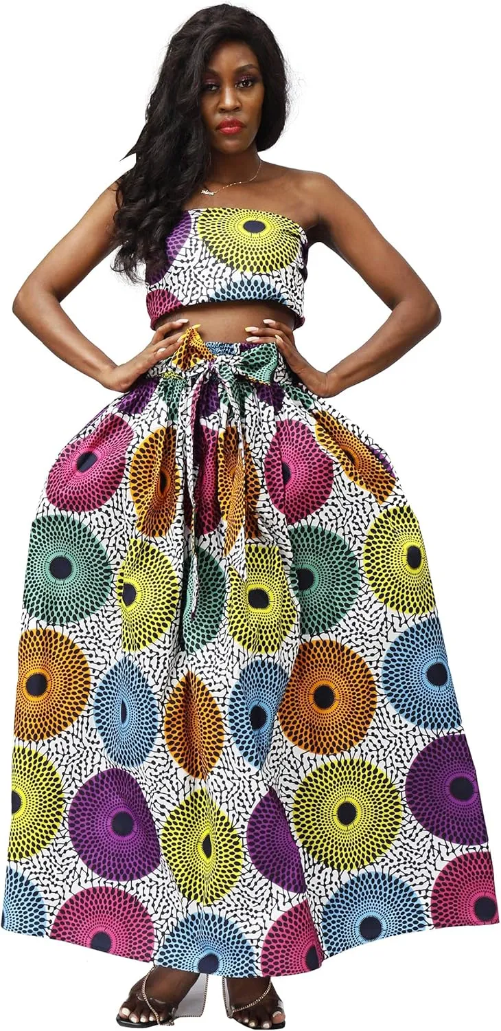 SHENBOLEN Women African Print Skirt Kente Traditional Wax Print Adjustable Strap Maxi Skirt