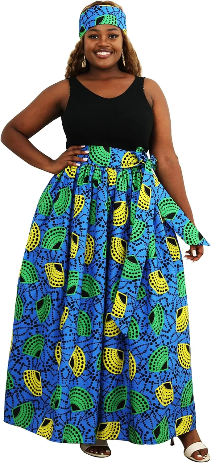 SHENBOLEN Women African Print Skirt Kente Traditional Wax Print Adjustable Strap Maxi Skirt
