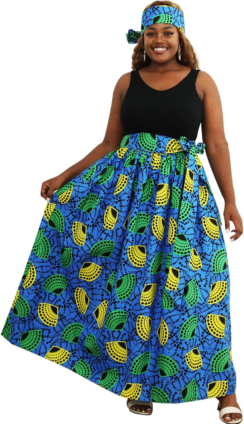 SHENBOLEN Women African Print Skirt Kente Traditional Wax Print Adjustable Strap Maxi Skirt