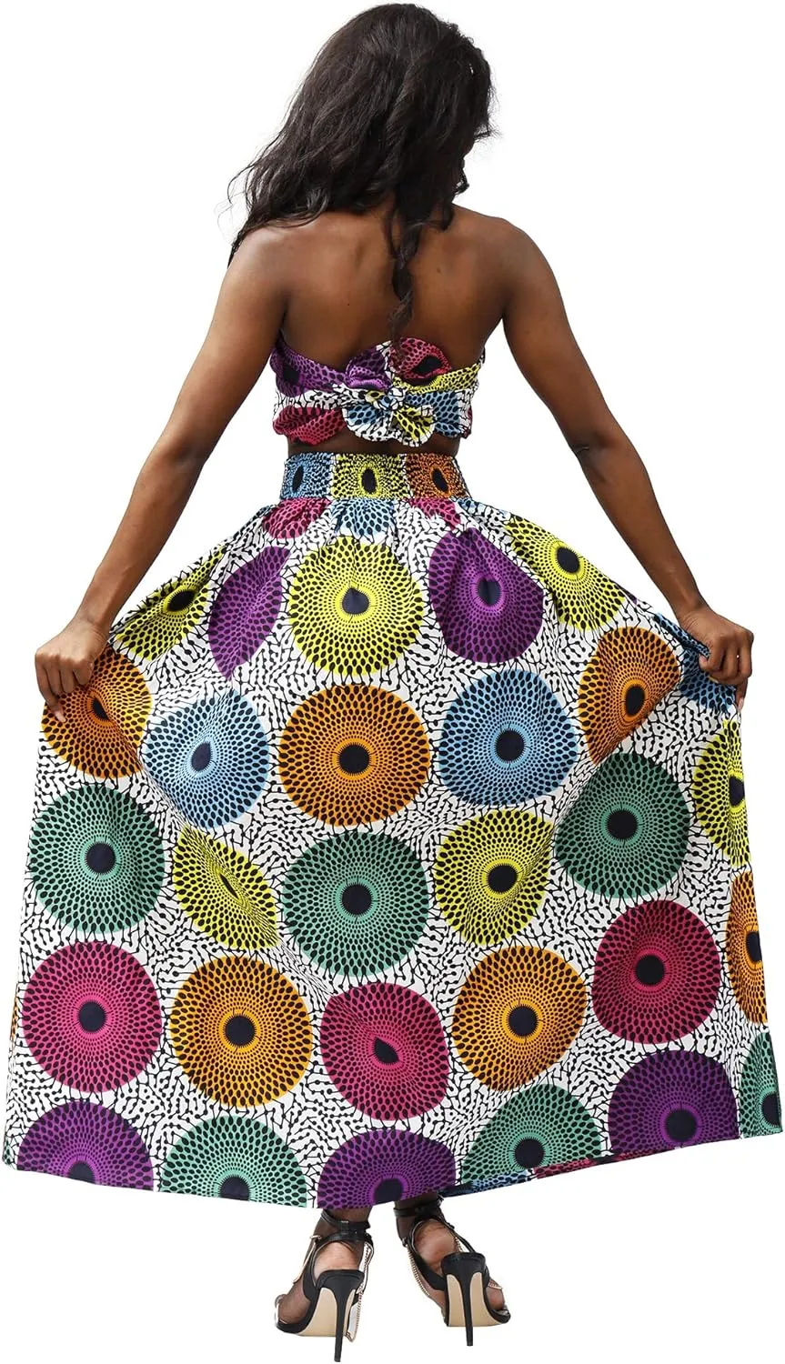 SHENBOLEN Women African Print Skirt Kente Traditional Wax Print Adjustable Strap Maxi Skirt