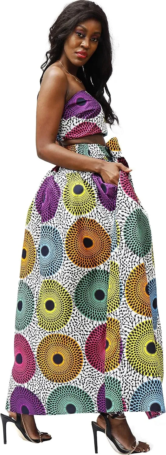 SHENBOLEN Women African Print Skirt Kente Traditional Wax Print Adjustable Strap Maxi Skirt