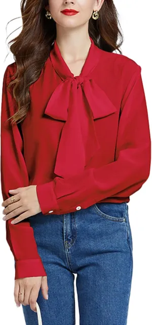 Silk Shirts for Women,100% 18 Mommy Pure Silk Button Down Long Sleeve Casual Office Work Blouse Bow Tie with Ribbon Tops
