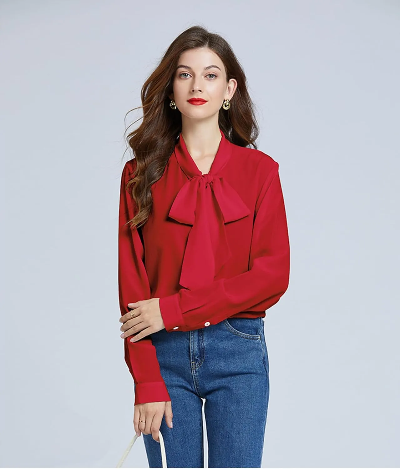 Silk Shirts for Women,100% 18 Mommy Pure Silk Button Down Long Sleeve Casual Office Work Blouse Bow Tie with Ribbon Tops