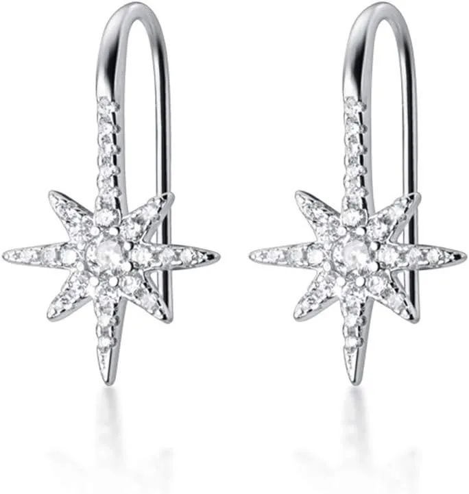 SLUYNZ Solid 925 Sterling Silver Sparkling Star Drop Earrings for Women Teens CZ Star Drop Hook Earrings