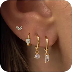 Small Hoop Earrings for Women,14K Gold/Sterling Silver Plated CZ Dangle Earring Set Waterproof Minimalism Dainty Earrings Trendy Jewelry Gift