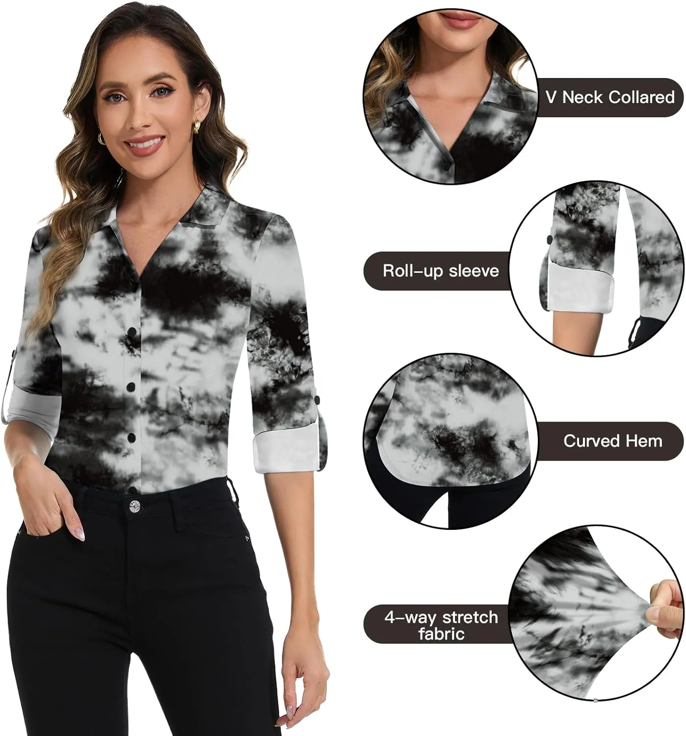 Soneven Womens 3/4 Roll Sleeve Golf Polo Shirts V Neck Long Sleeve Button Up Shirts Business Casual Tops Work Blouses