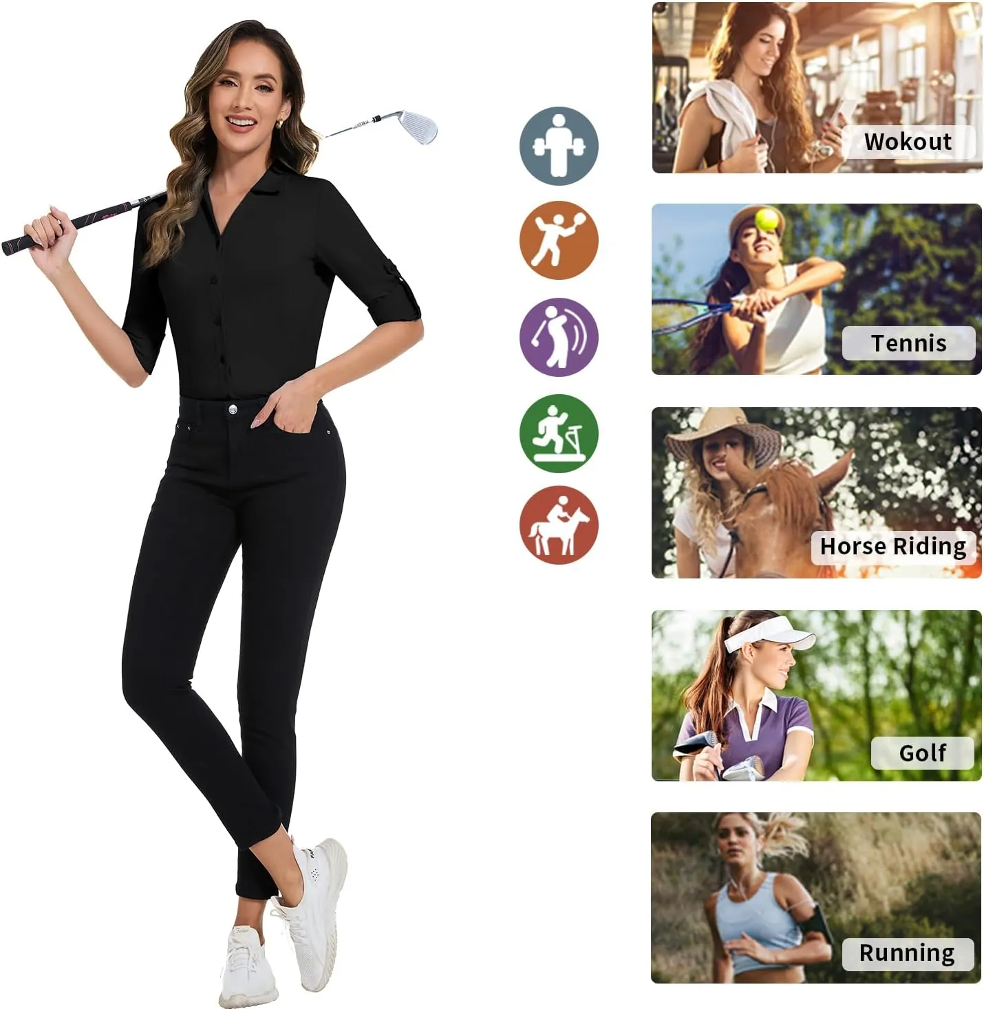Soneven Womens 3/4 Roll Sleeve Golf Polo Shirts V Neck Long Sleeve Button Up Shirts Business Casual Tops Work Blouses
