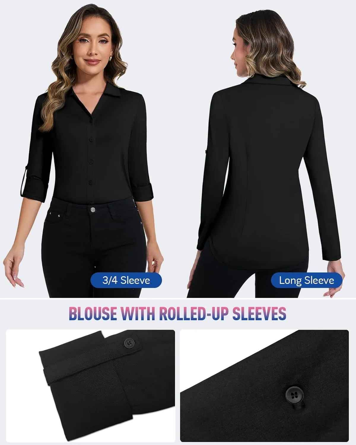 Soneven Womens 3/4 Roll Sleeve Golf Polo Shirts V Neck Long Sleeve Button Up Shirts Business Casual Tops Work Blouses