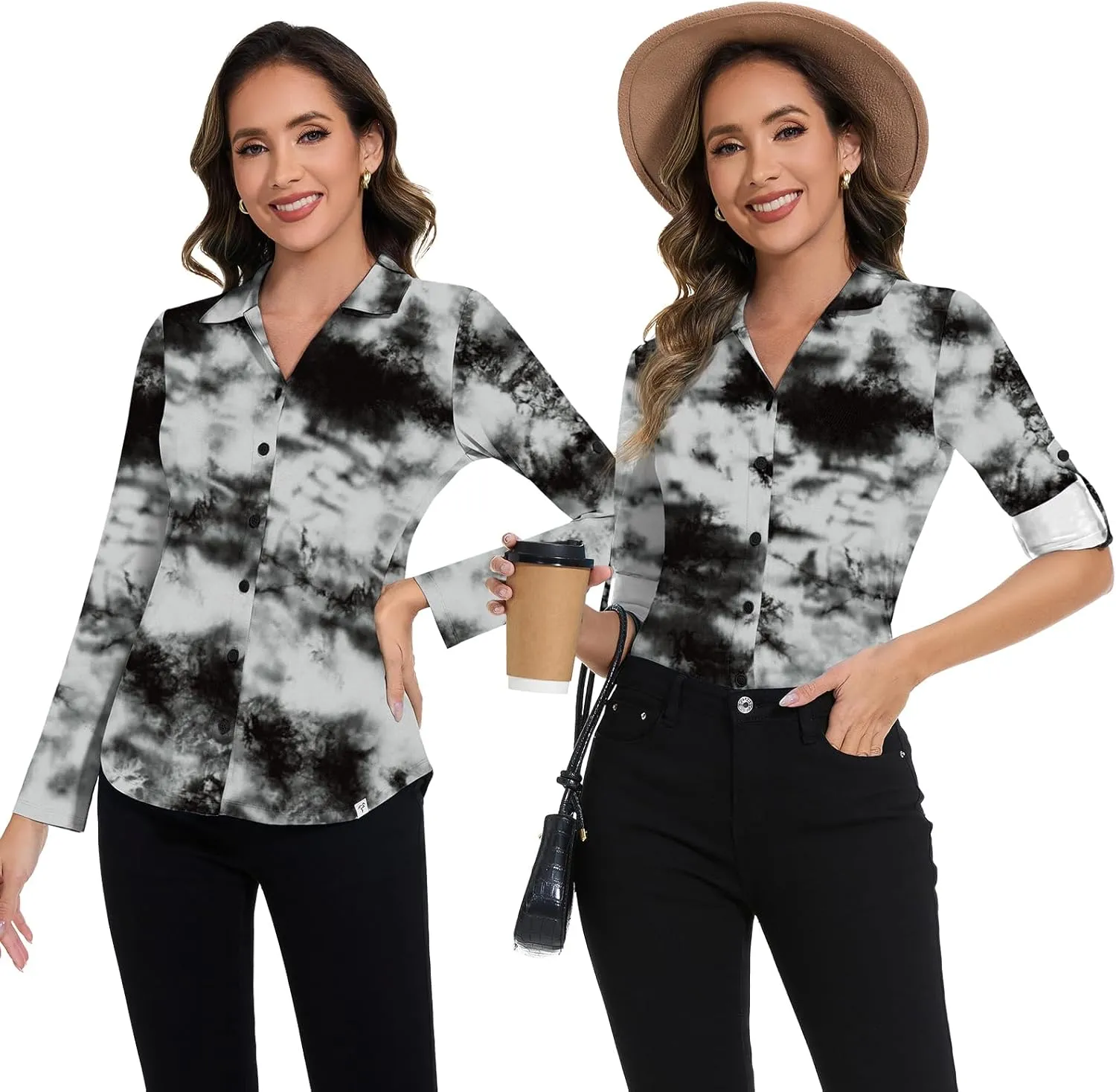 Soneven Womens 3/4 Roll Sleeve Golf Polo Shirts V Neck Long Sleeve Button Up Shirts Business Casual Tops Work Blouses