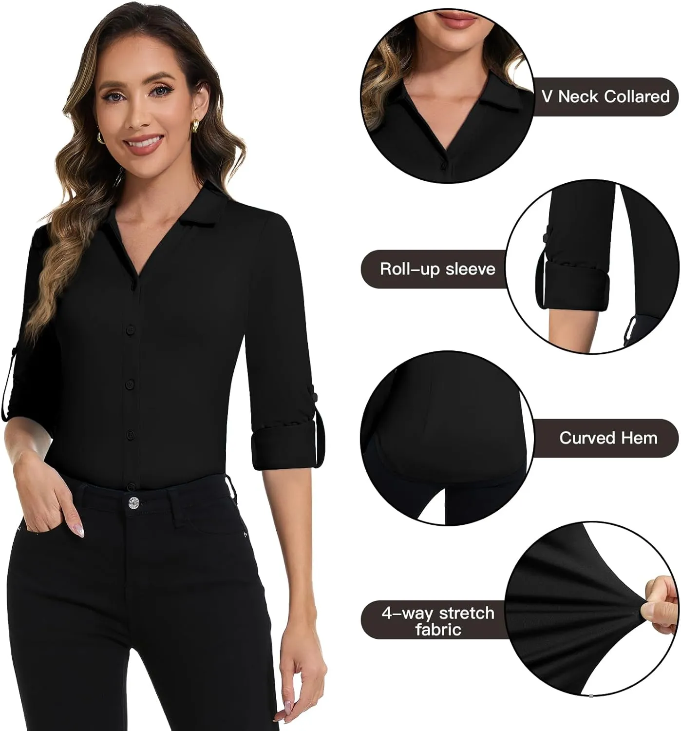 Soneven Womens 3/4 Roll Sleeve Golf Polo Shirts V Neck Long Sleeve Button Up Shirts Business Casual Tops Work Blouses