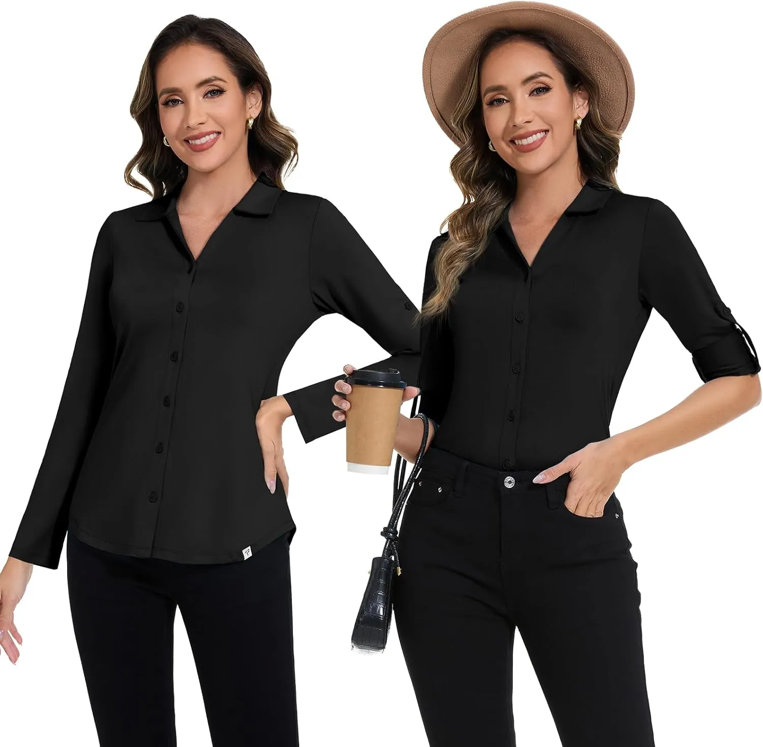 Soneven Womens 3/4 Roll Sleeve Golf Polo Shirts V Neck Long Sleeve Button Up Shirts Business Casual Tops Work Blouses