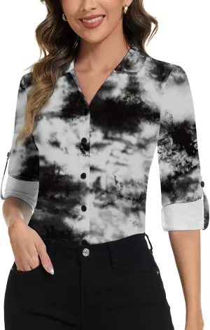 Soneven Womens 3/4 Roll Sleeve Golf Polo Shirts V Neck Long Sleeve Button Up Shirts Business Casual Tops Work Blouses