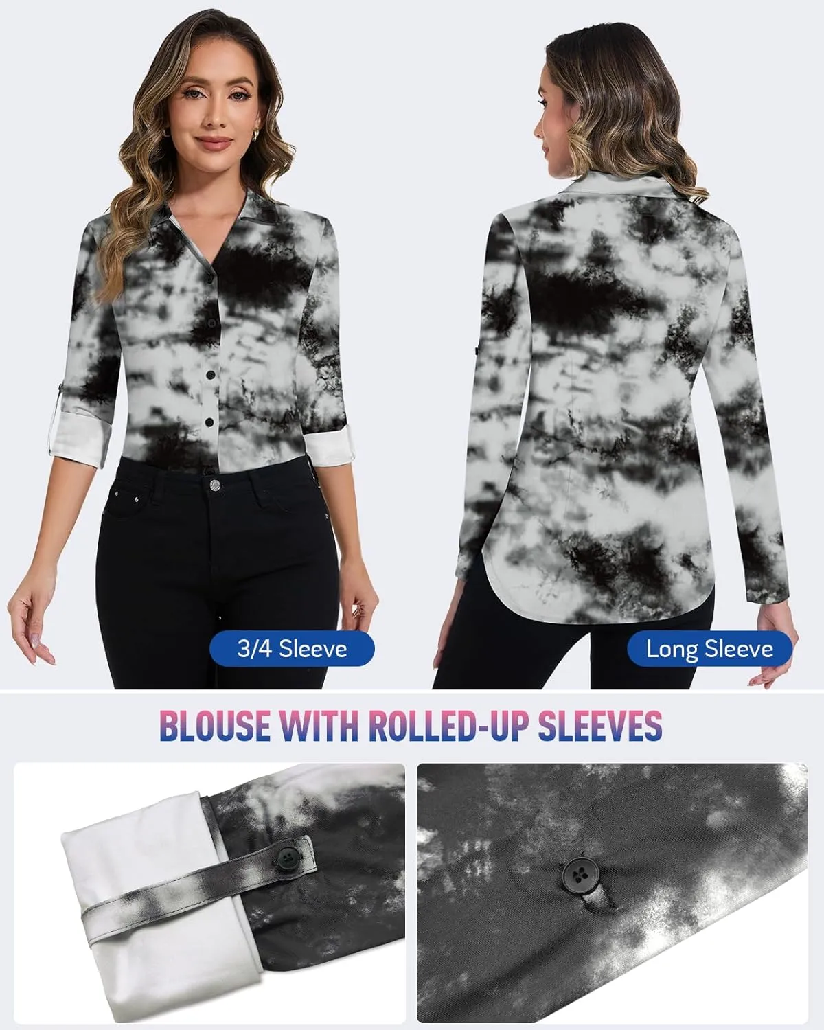 Soneven Womens 3/4 Roll Sleeve Golf Polo Shirts V Neck Long Sleeve Button Up Shirts Business Casual Tops Work Blouses