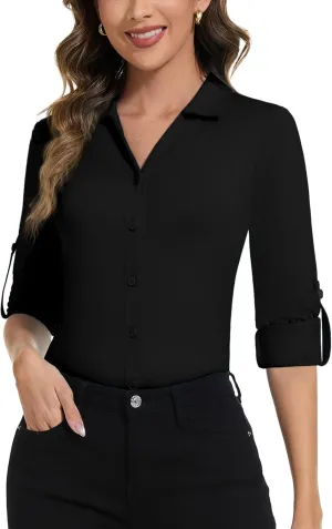 Soneven Womens 3/4 Roll Sleeve Golf Polo Shirts V Neck Long Sleeve Button Up Shirts Business Casual Tops Work Blouses