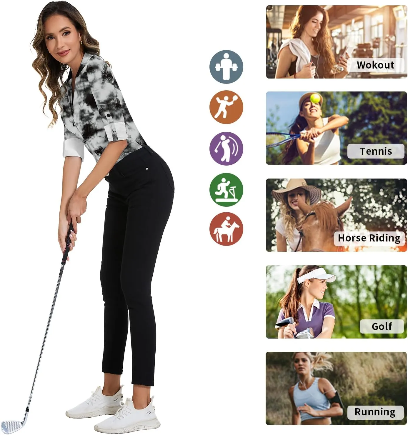 Soneven Womens 3/4 Roll Sleeve Golf Polo Shirts V Neck Long Sleeve Button Up Shirts Business Casual Tops Work Blouses