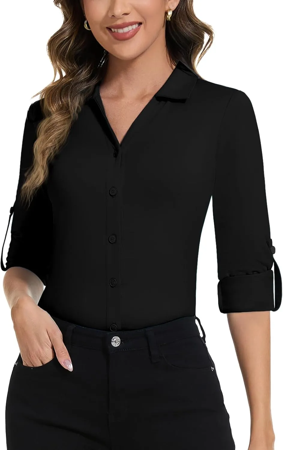 Soneven Womens 3/4 Roll Sleeve Golf Polo Shirts V Neck Long Sleeve Button Up Shirts Business Casual Tops Work Blouses