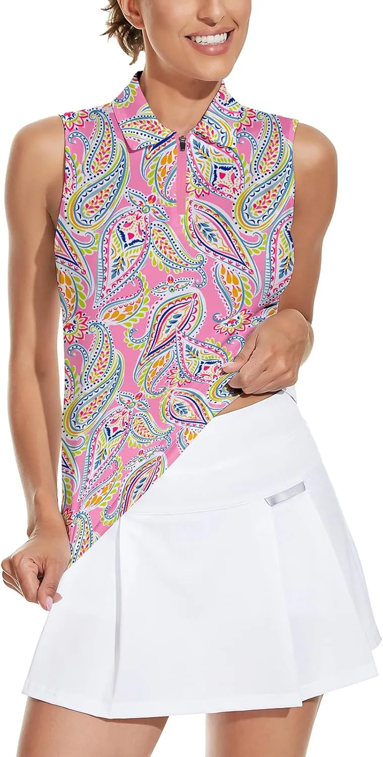 Soneven Womens Sleeveless Golf Shirt Moisture Wicking Athletic Golf Tank Top Printed Polo Tennis Shirts (XS-3XL)