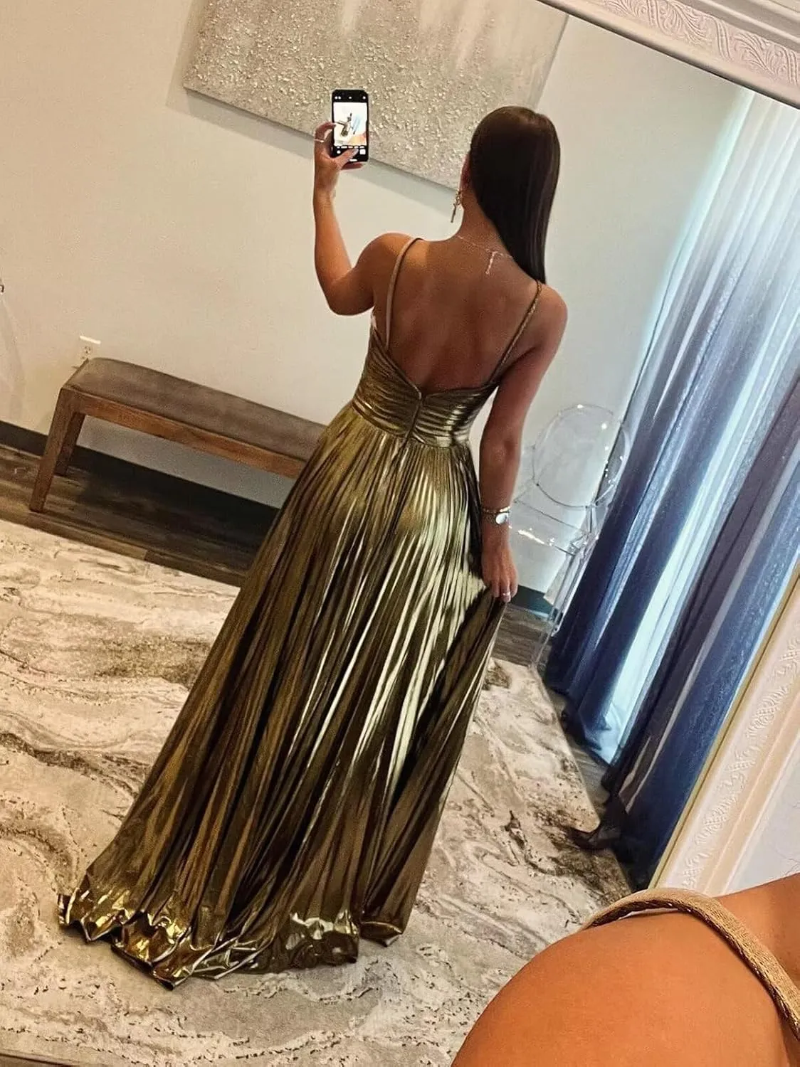 Sparkly Satin Metallic Prom Dresses with Slit Long Spaghetti Straps Formal Evening Gowns