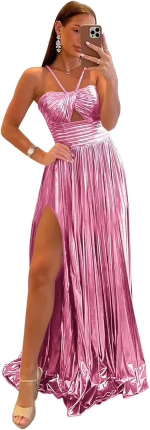 Sparkly Satin Metallic Prom Dresses with Slit Long Spaghetti Straps Formal Evening Gowns