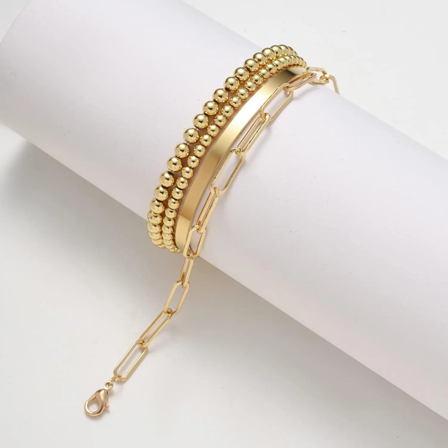 Starain Rose Gold Beaded Bracelets for Women 18K Gold Plated Beaded Ball Stackable Stretch Bracelet Gold Cuff Bangle Set