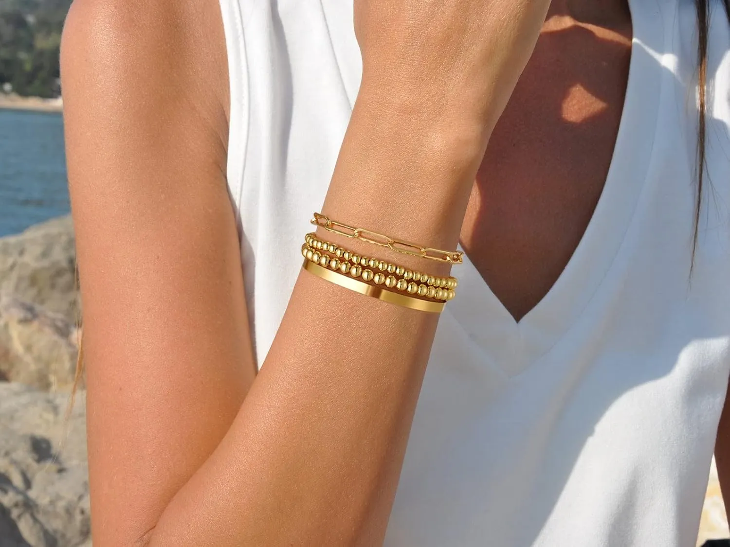 Starain Rose Gold Beaded Bracelets for Women 18K Gold Plated Beaded Ball Stackable Stretch Bracelet Gold Cuff Bangle Set
