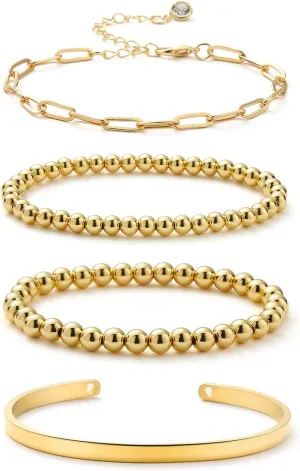 Starain Rose Gold Beaded Bracelets for Women 18K Gold Plated Beaded Ball Stackable Stretch Bracelet Gold Cuff Bangle Set