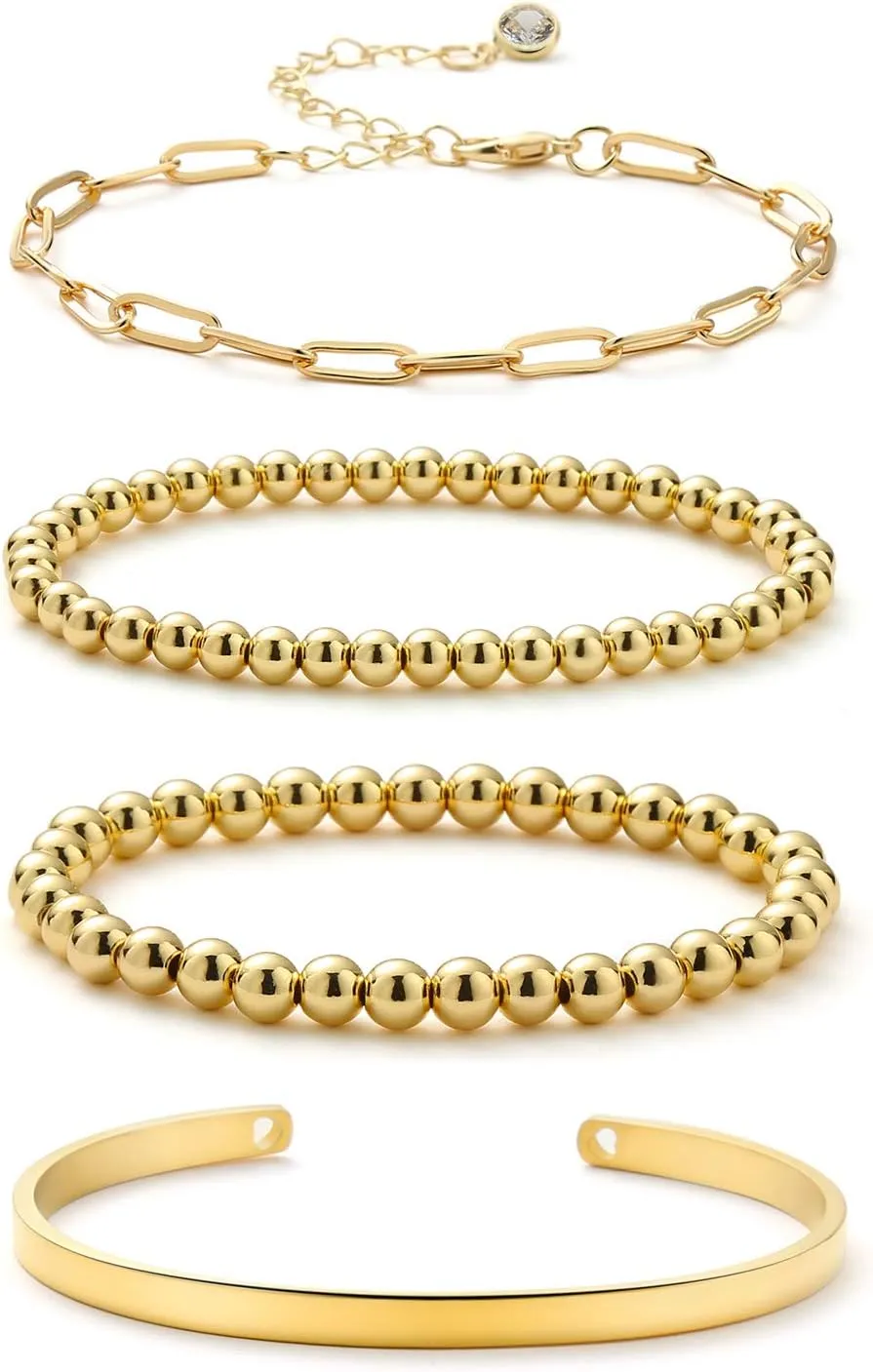 Starain Rose Gold Beaded Bracelets for Women 18K Gold Plated Beaded Ball Stackable Stretch Bracelet Gold Cuff Bangle Set