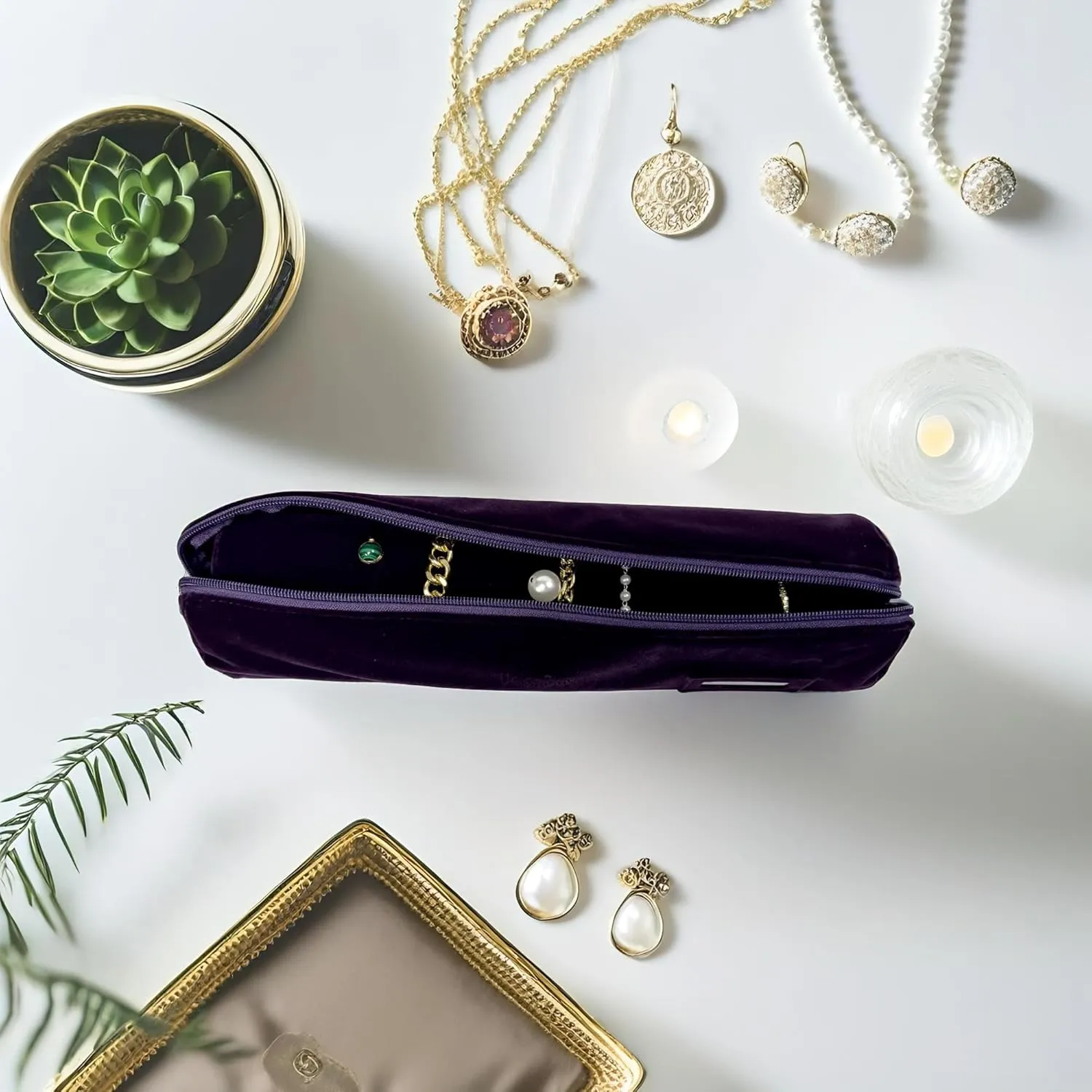 Velvet Jewelry Roll Bag for Brackets Bangles Watches, Great Jewelry Organizer for Travel, Purple