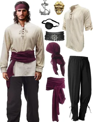 Verceco Mens Pirate Costume Outfit Renaissance Costume Men Medieval Outfit With Pirate Pants Shirts Sash Accessories 8PCS Khaki XX-Large