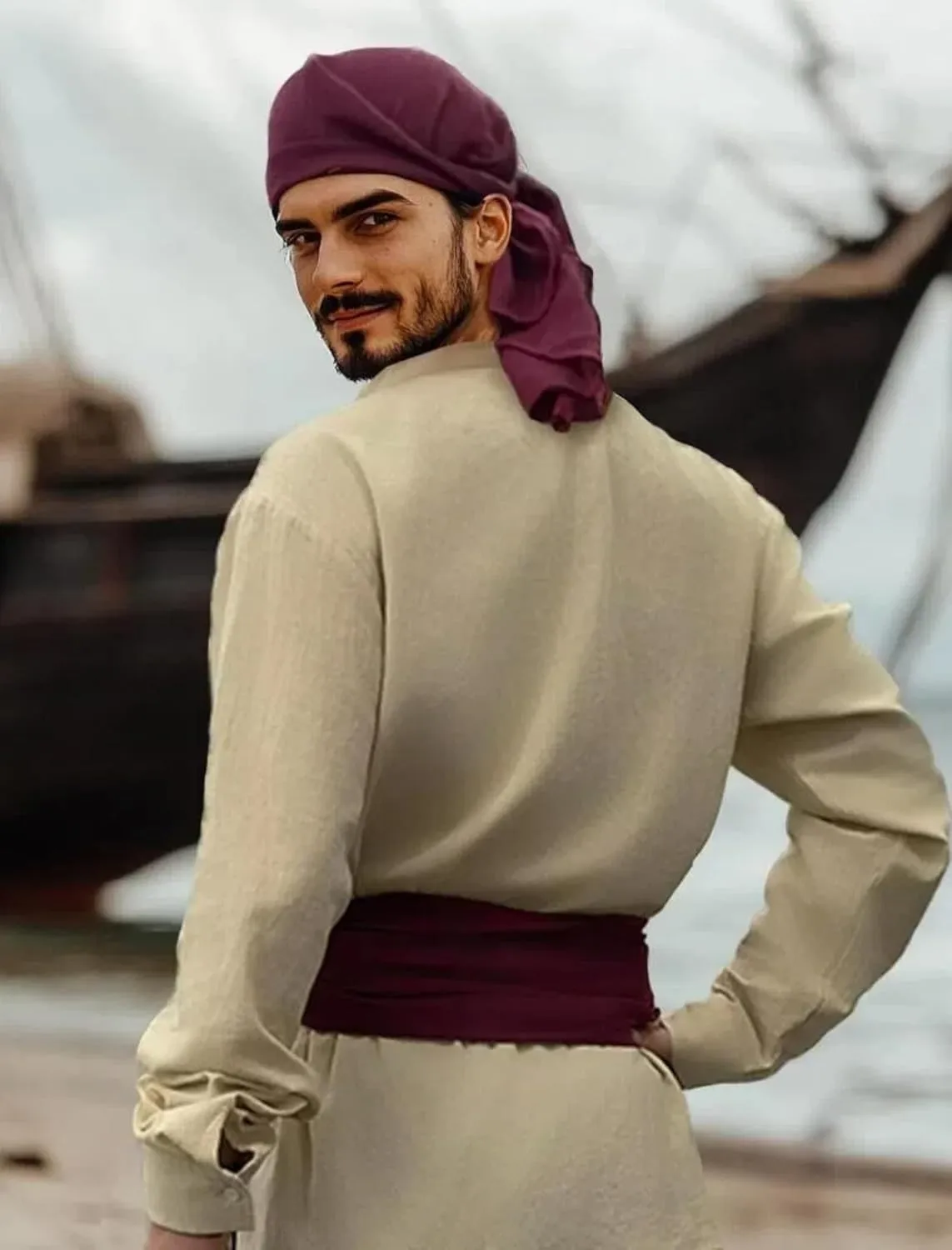 Verceco Mens Pirate Costume Outfit Renaissance Costume Men Medieval Outfit With Pirate Pants Shirts Sash Accessories 8PCS Khaki XX-Large