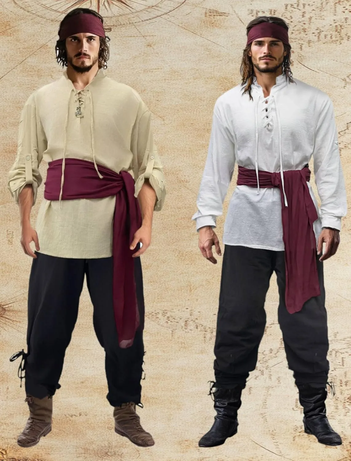 Verceco Mens Pirate Costume Outfit Renaissance Costume Men Medieval Outfit With Pirate Pants Shirts Sash Accessories 8PCS Khaki XX-Large