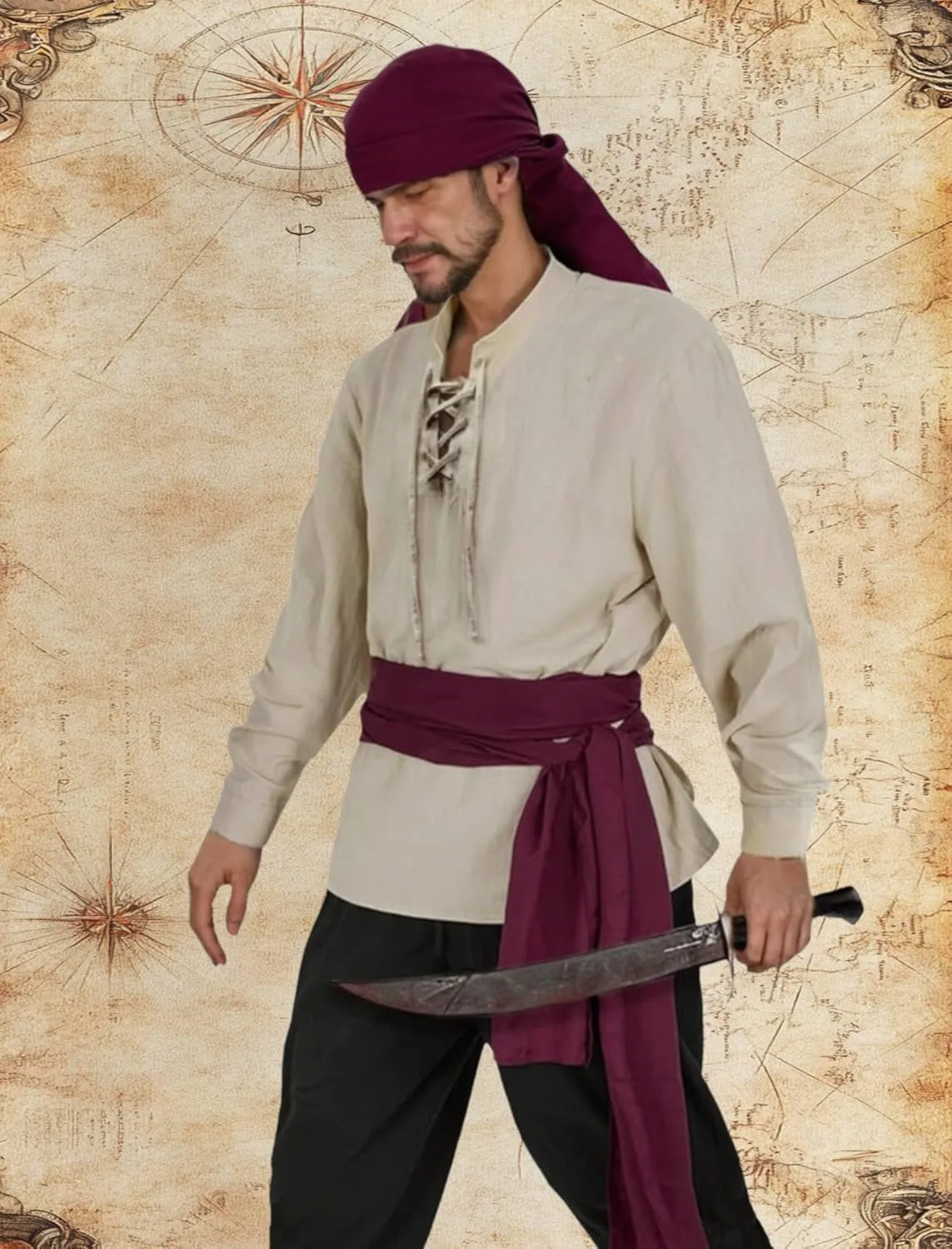 Verceco Mens Pirate Costume Outfit Renaissance Costume Men Medieval Outfit With Pirate Pants Shirts Sash Accessories 8PCS Khaki XX-Large