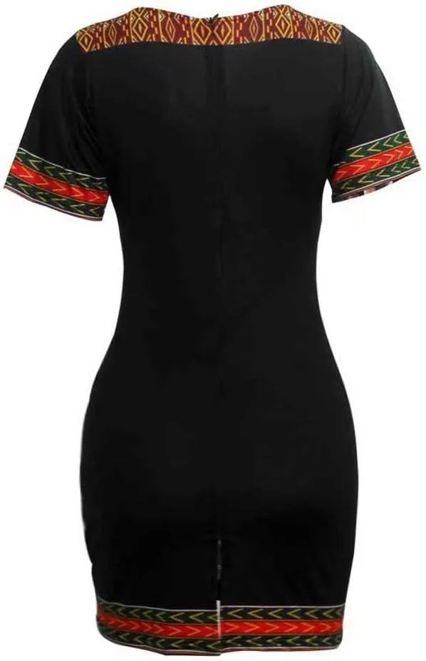 Women Bohemian V Neck African Printed Ethnic Style Summer Bodycon Shift Dress