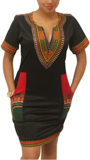 Women Bohemian V Neck African Printed Ethnic Style Summer Bodycon Shift Dress