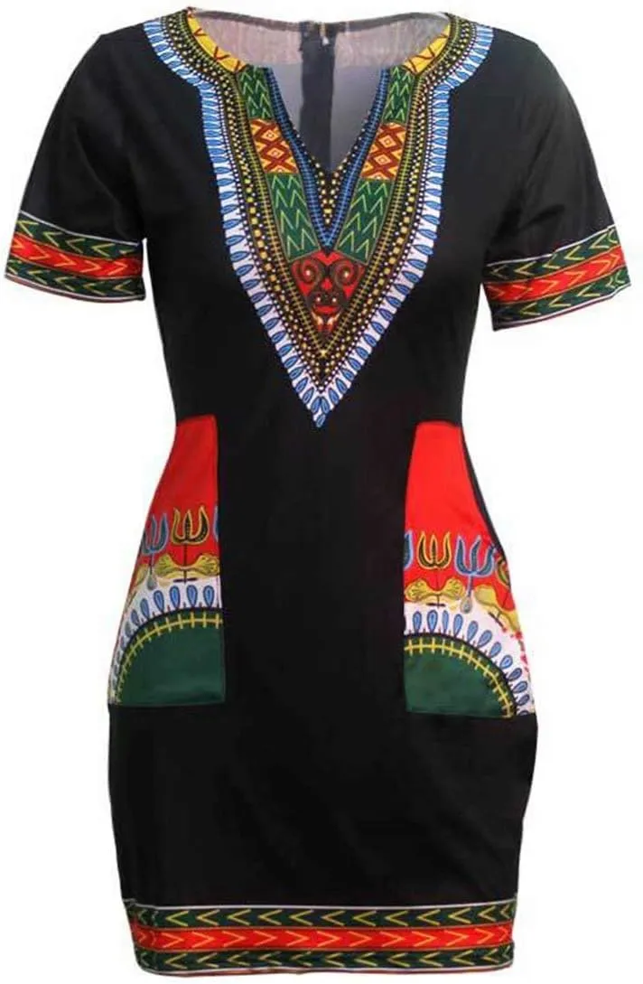 Women Bohemian V Neck African Printed Ethnic Style Summer Bodycon Shift Dress