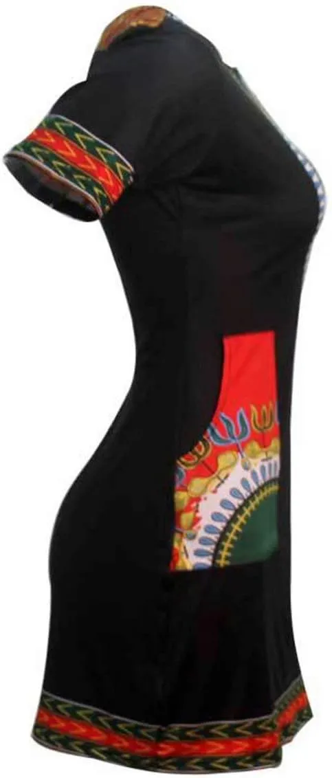Women Bohemian V Neck African Printed Ethnic Style Summer Bodycon Shift Dress