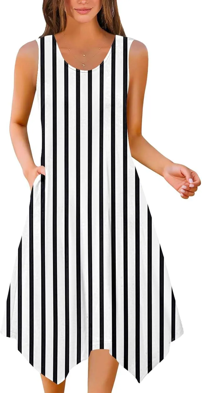 Women Casual Dress Summer Tank Dresses Loose Flowy Beach Dress with Pocket Hankerchief Flare Flowy Midi Sundress 2025