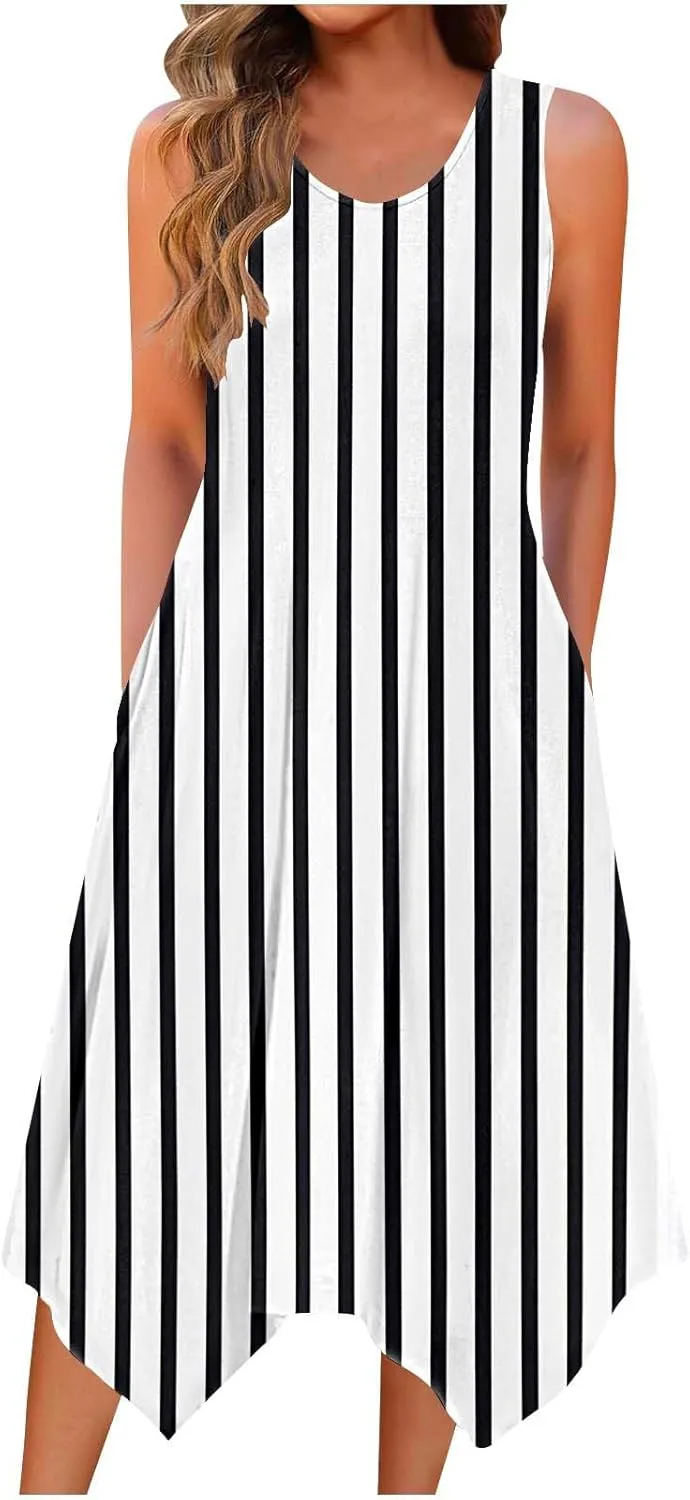 Women Casual Dress Summer Tank Dresses Loose Flowy Beach Dress with Pocket Hankerchief Flare Flowy Midi Sundress 2025