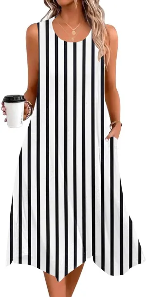 Women Casual Dress Summer Tank Dresses Loose Flowy Beach Dress with Pocket Hankerchief Flare Flowy Midi Sundress 2025