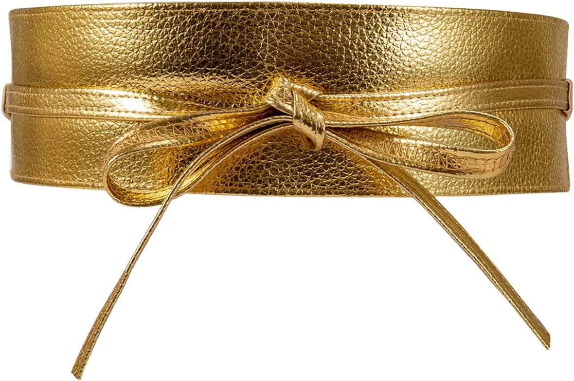 Women Faux Leather Waist Belt, Gold Belts for Women Dresses, Fashion Wrap Around Obi Belt