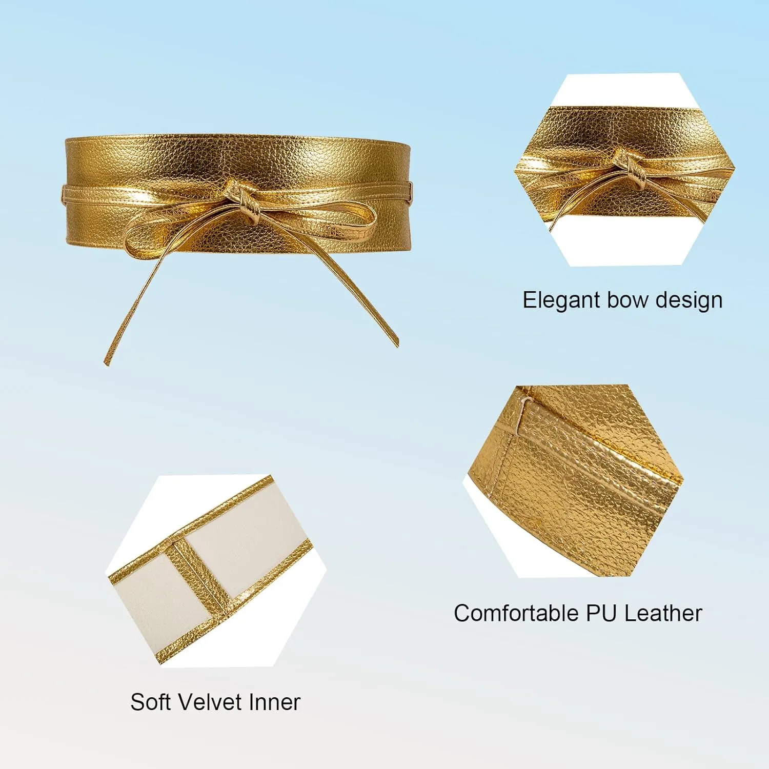 Women Faux Leather Waist Belt, Gold Belts for Women Dresses, Fashion Wrap Around Obi Belt