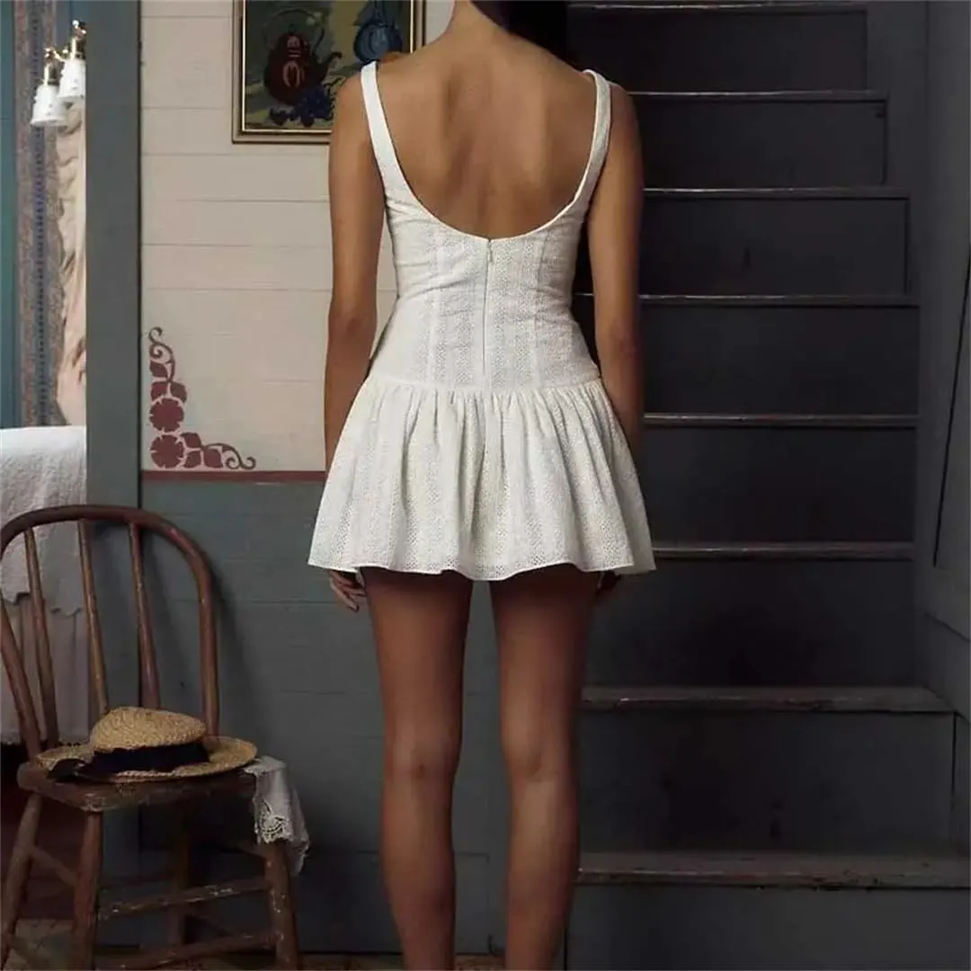 Women Summer Mini White Dress Cotton Sleeveless Drop-Waist Eyelet Buttons Down Party Dresses