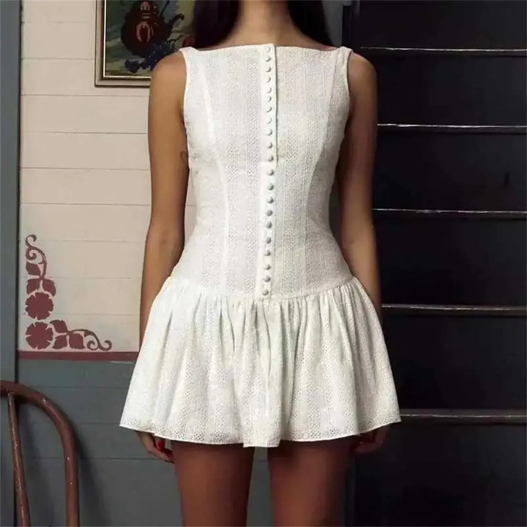 Women Summer Mini White Dress Cotton Sleeveless Drop-Waist Eyelet Buttons Down Party Dresses
