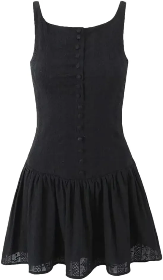 Women Summer Mini White Dress Cotton Sleeveless Drop-Waist Eyelet Buttons Down Party Dresses