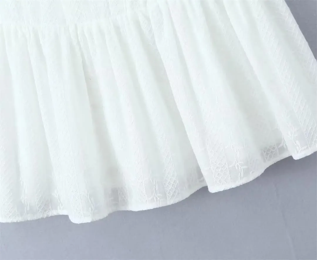 Women Summer Mini White Dress Cotton Sleeveless Drop-Waist Eyelet Buttons Down Party Dresses
