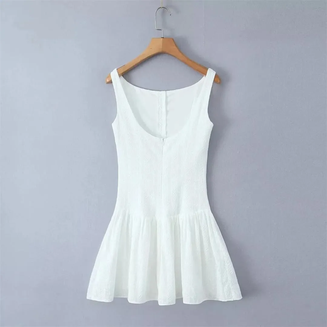 Women Summer Mini White Dress Cotton Sleeveless Drop-Waist Eyelet Buttons Down Party Dresses