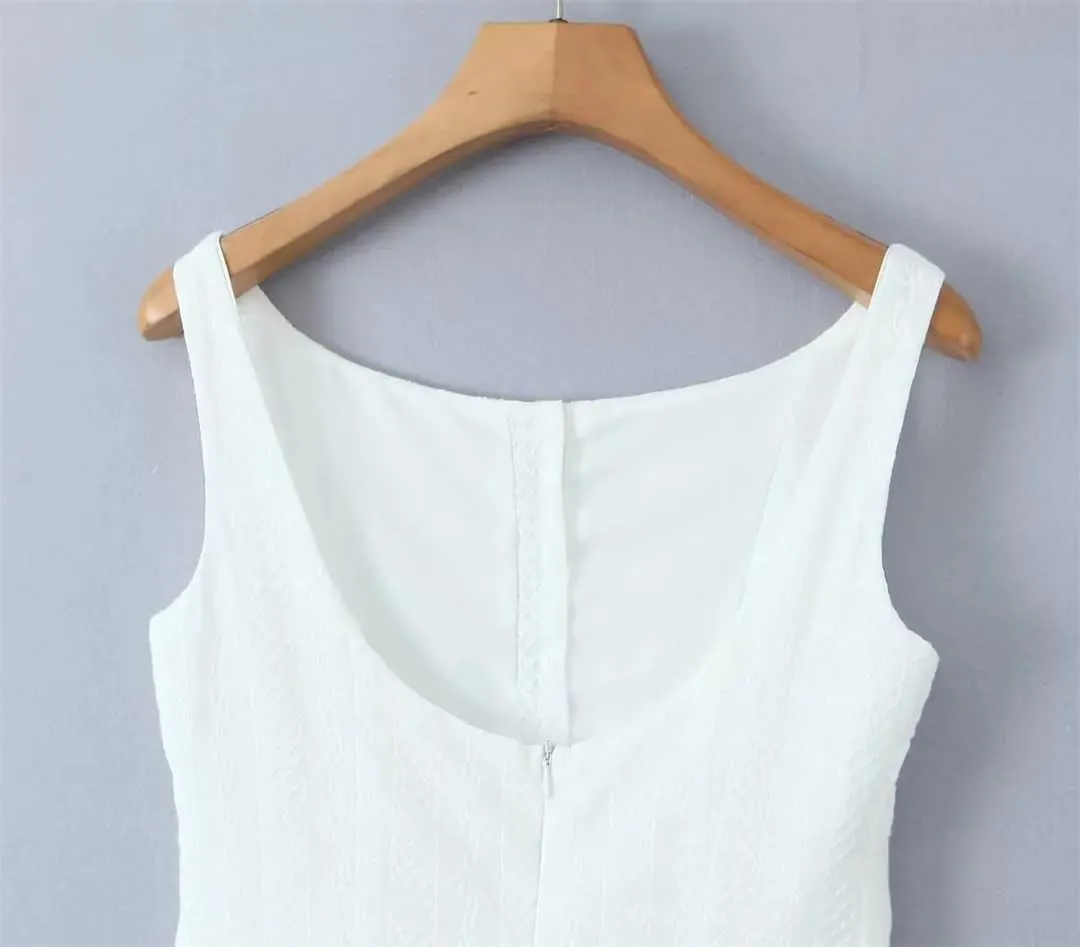Women Summer Mini White Dress Cotton Sleeveless Drop-Waist Eyelet Buttons Down Party Dresses